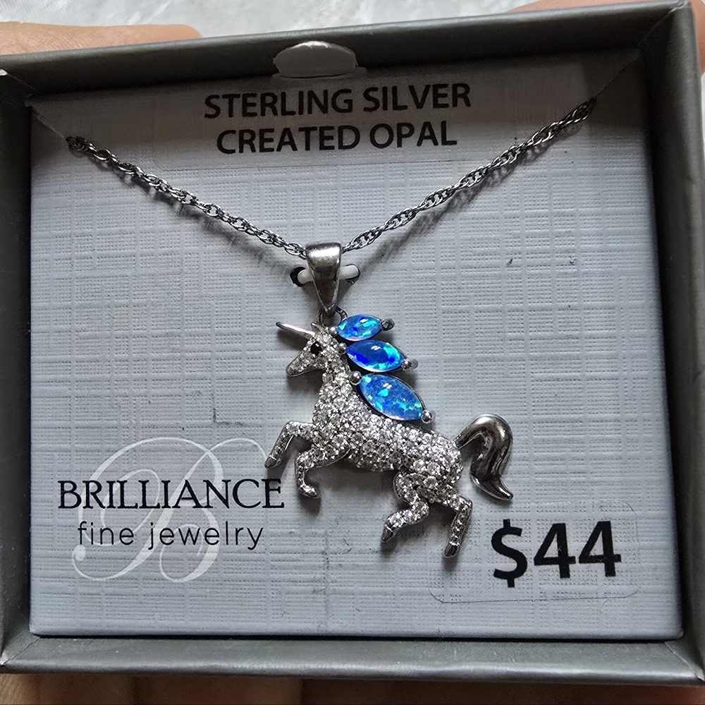Sterling Silver Unicorn Pendant Created BlueOpal 18” Necklace Fairy Magic Whimsy